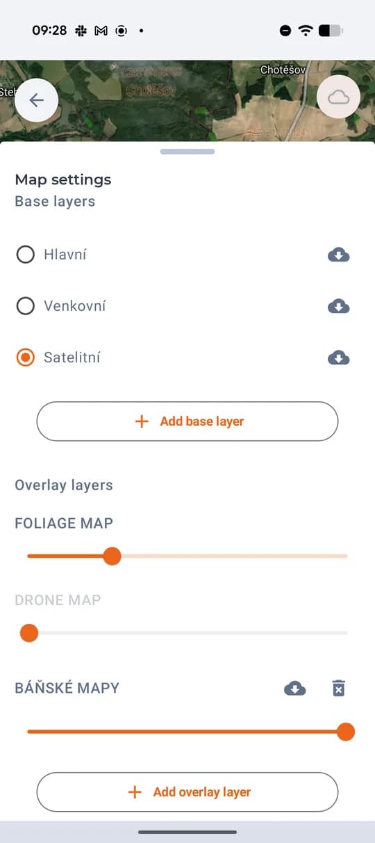 Overlay-Ebenen: Transparenzregler, Download und Löschen.