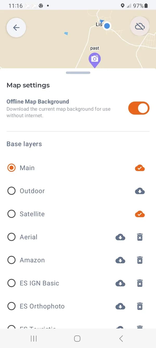 Karteneinstellungen: Offline-Grundkarte und Status der einzelnen Ebenen.