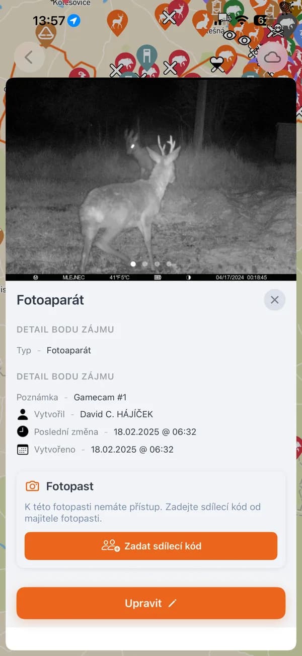 HUNTERRA-App: Wildkamera-Detail mit Foto eines Rehbocks