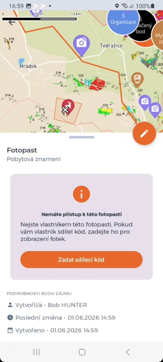 HUNTERRA-App: Revierkarte mit jagdlichen Einrichtungen und Wildkamera-Detail