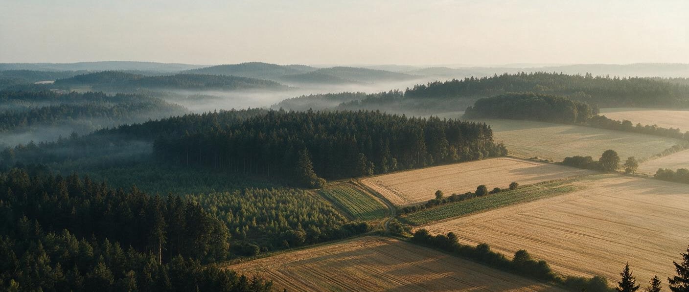Blick vom Hang über Waldblöcke, abgeerntete Felder und Hecken, die das Land in Flächen teilen