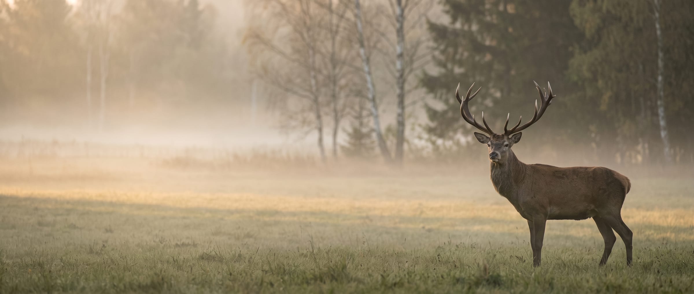 Rothirsch am Rand einer nebligen Wiese im Morgengrauen