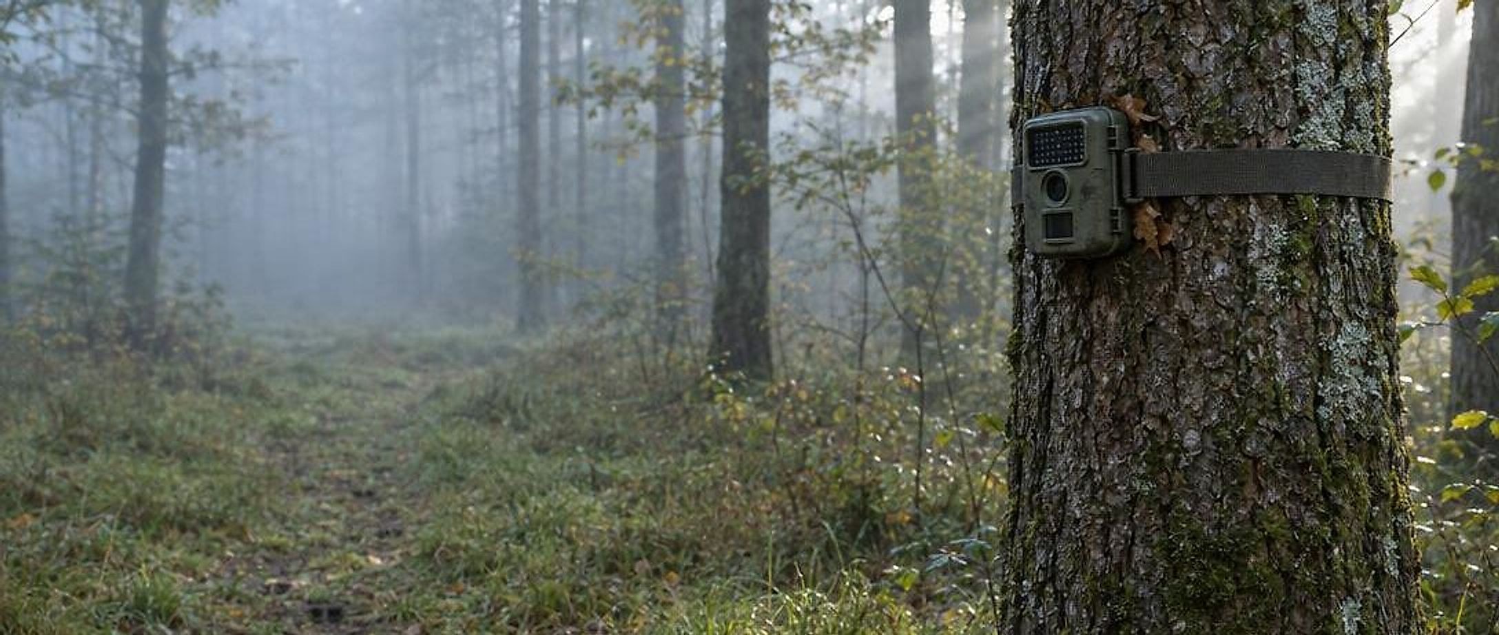 Eine Wildkamera mit Gurt an einer Eiche am Rand eines neblichen Waldes, ein Wildwechsel führt weg
