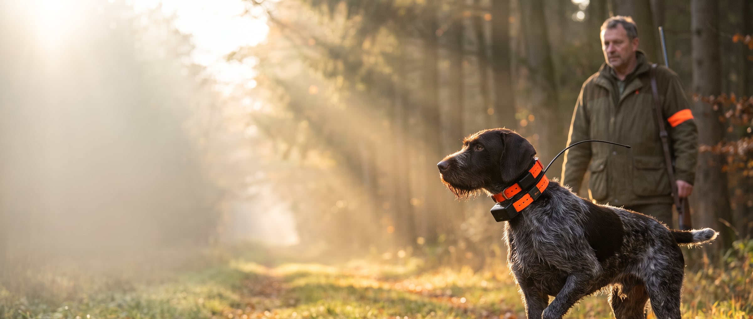 Ein Jäger verfolgt am Telefon die Spur seines Hundes, der Hund im GPS-Halsband wartet im Wald
