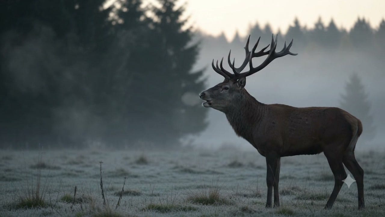 Röhrender Rothirsch auf einer frostigen Wiese im Morgengrauen.
