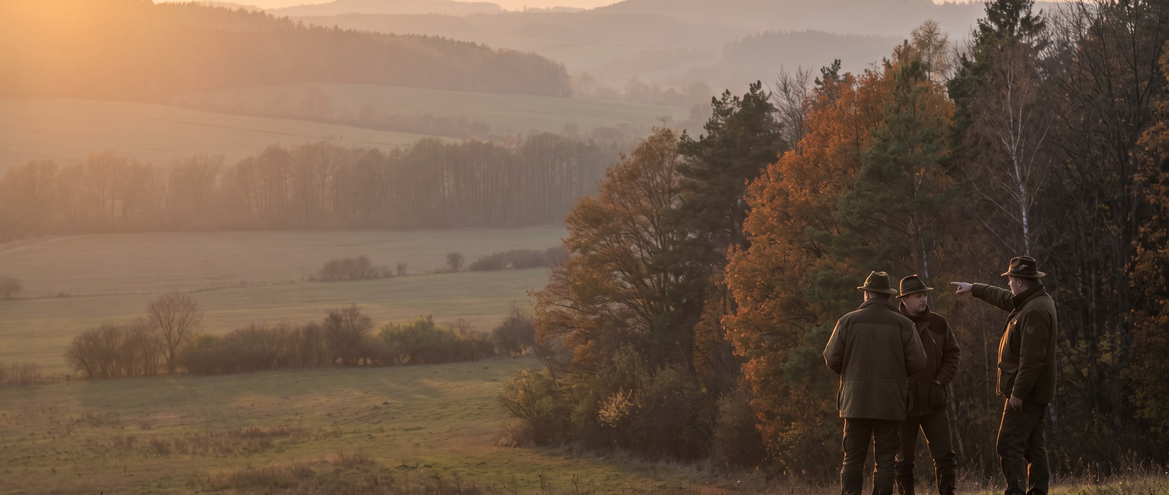 Drei Jäger am Waldrand, einer zeigt in die herbstliche Landschaft in der Dämmerung