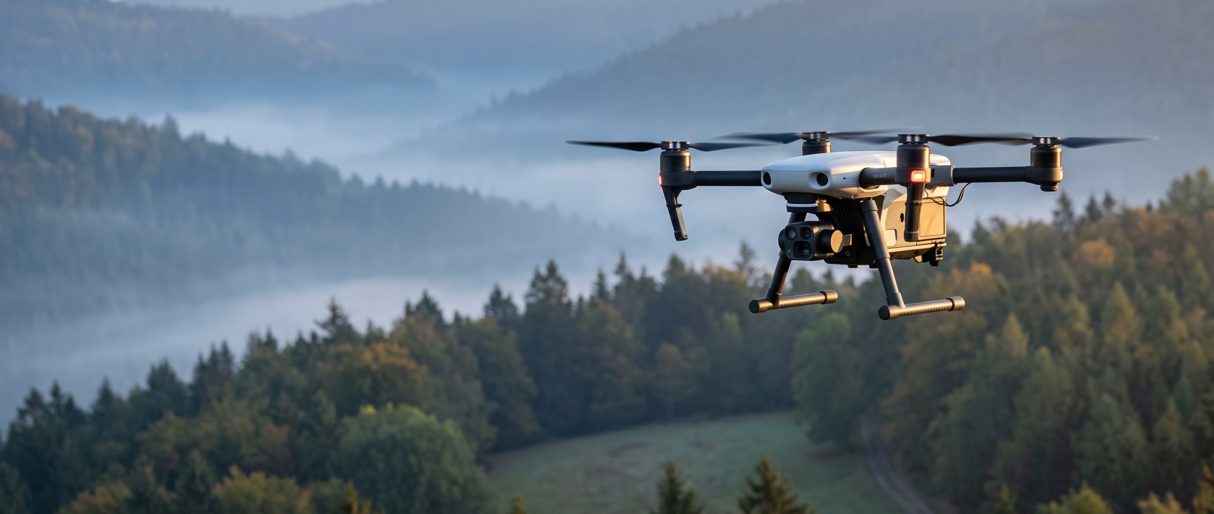 Eine Drohne mit Wärmebildkamera fliegt im Morgengrauen über ein bewaldetes Revier