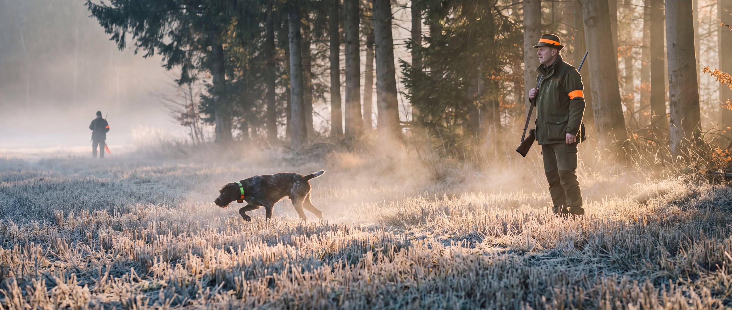Ein Jäger mit Büchse, ein Hund im GPS-Halsband und ein zweiter Jäger weit hinten auf einem bereiften Stoppelfeld im Morgennebel