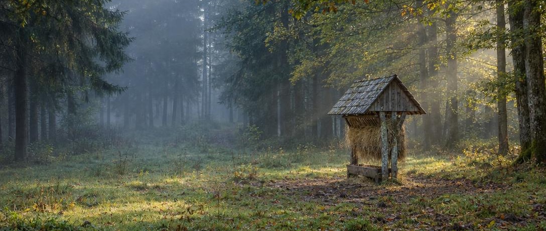 Eine verwitterte hölzerne Heuraufe auf einer neblichen Waldwiese, Sonnenstrahlen zwischen den Bäumen