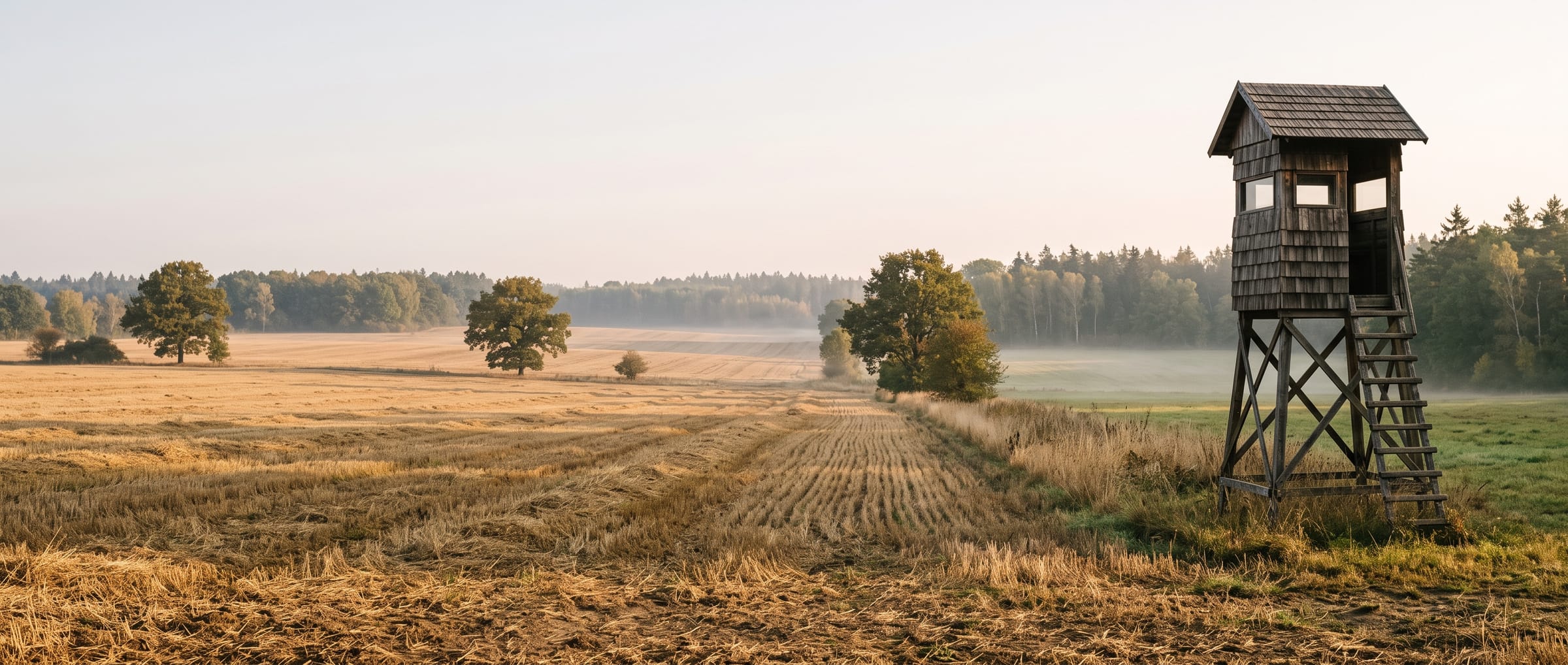 Ein hölzerner Hochsitz am Rand eines abgeernteten Feldes an einem nebligen Herbstmorgen
