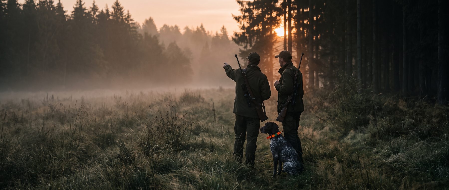 Zwei Jäger mit einem Hund im orangefarbenen GPS-Halsband am Waldrand im Morgennebel Zwei Jäger mit einem Hund im orangefarbenen GPS-Halsband am Waldrand im Morgennebel